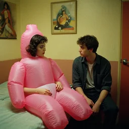 still from a 1993 arthouse film about a depressed housewife dressed as a squishy inflatable toy who meets a handsome younger man in a seedy motel room, color film, 16mm soft light, art on the wall