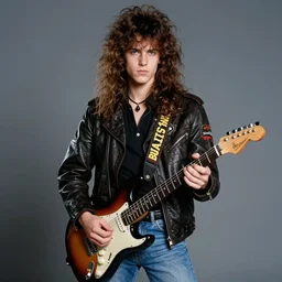19-year-old boy with long permed wavy brown hair, leather jacket and denim jeans, holding electric guitar, 1984,  punk rock, doom metal, grunge, Saint Vitus, Black Flag super 8mm film