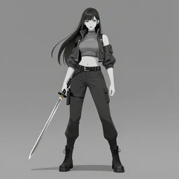 full body character poster art of female gang leader in futuristic streetwear holding a katana, long straight hair, grayscale with few colour splashes, pretty face, anime by kuvshinov ilya, artgerm and greg rutkowski, 4 k, graphic design, adobe illustrator, behance, trending on pixiv