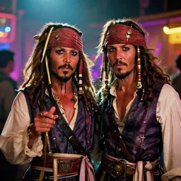 captain sparrow and anton chigurh in fear and loathing in las vegas movie, everyone is on psychedelic drugs, cinematic still, movie still, long lens, shallow depth of field, bokeh, anamorphic lens flare, 8 k