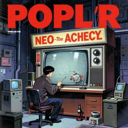 1979 Popular science Magazine Cover of a tv repair shop in neo-Tokyo in cyberpunk soviet style by Vincent Di Fate