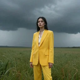 a girl with yellow suit in field stormy weather, cinematic look, 4 k, realistic lighting - 4