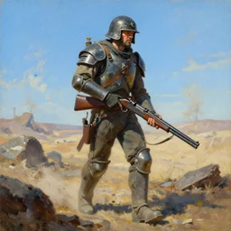 a detailed painting of a man in post apocalyptic home made armour and a helmet holding a modified shotgun walking around a wasteland with a blue sky. hd. 1 9 5 0 s oil painting style.