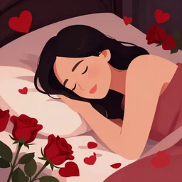 close - up shot of a relieved woman lying in her bed, slight smile, surrounded by red roses and red hearts. intricate, dark enlightenment, in love, clean cel shaded vector art. shutterstock. behance hd by lois van baarle, artgerm, helen huang, by makoto shinkai and ilya kuvshinov, rossdraws, illustration, art by ilya ku
