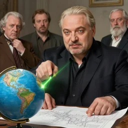 epic portrait of slightly muscular visionary alexander lukashenko pointing laser pointer on globe, blueprint, detailed, artstation, concept art, donato giancola, joseph christian leyendecker, wlop, boris vallejo, breathtaking, 8 k resolution, extremely detailed beautiful, establishing shot, artistic hyperrealistic, beautiful face, enhanced hands, octane render