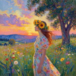 girl with flower dress, standing in a field with flowers in the air, hills, big trees, sunrise dramatic light, impressionist painting, colorful clouds, digital painting, pointillism, artstation, simon stalenhag, flower head