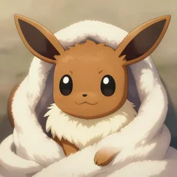 Eevee wrapped in a cozy blanket, Eevee is the cutest round brown fox ever, brown fur, huge eyes, small round head, big round ears, white neck fur, fluffy, reflection in eyes, adorable, stunning digital artwork, beautiful lighting, furaffinity, furry art