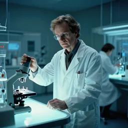 mad scientist in the glowing lab, film still from the movie directed by denis villeneuve and david cronenberg with art direction by bernie wrightson and tim white
