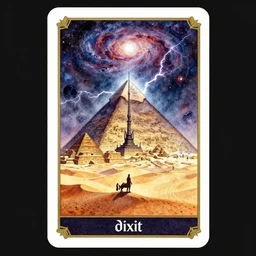 dixit card, desert, temples, pyramid, meteor, galaxy, focal point, character, sand dune, spire, dark fantasy. intricate, amazing composition, colorful watercolor, by ruan jia, by maxfield parrish, by shaun tan, by nc wyeth, by michael whelan, by escher, illustration, nightmare, backlit, storm, lightning, volumetric