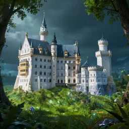 a big castle, green grass, highly detailed, crystal lighting, mystical, forest, hyperrealistic, 4 k, unreal engine, dramatic lighting, magical, beautiful