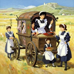 anime key visual of anime maids trading spices on the silk road in 1 4 5 0, wooden travel carriage, style of jamie wyeth james gilleard edward hopper greg rutkowski acrylic painting, preserved museum piece, historical