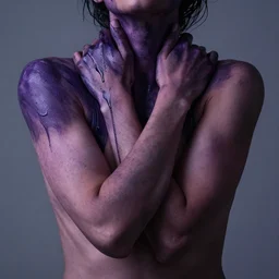 arms wrapped tight around neck and shoulders, hands holding tight, dripping paint, dark colors, deep purple light