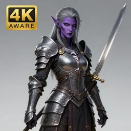 a portrait of a female purple - black skinned, grey hair drow warrior, 4 k hd, armor, sword, award winning on artstation, 4 k hd