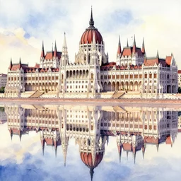 a beautiful insanely intricate watercolor illustration of parlament in budapest, reflexions, colorfull, by william turner art, by greg rutkowski, by james jean, by rossdraws, by frank franzzeta, by sakimichan, by edmund dulac, trending on artstation, insanely detailed, masterpiece,