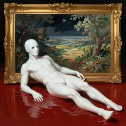an all white human, with no facial features, like a white mask pulled over their face, full body laying in a blood red pool of water between a golden mirror frame, outside is space and inside the mirror frame is a beautiful landscape., physically accurate, dynamic lighting, intricate, elegant, highly detailed, very very Roberto Ferri, sharp focus, illustration, art