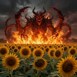sunflower fields in hell, hell, fire, demons, horror art, artstation