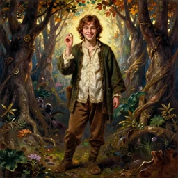a full length portrait of  optimistical  Frodo (Elijah Wood ) with the One Ring.  Pre-Raphaelite oil painting, inspired by Henry Meynell Rheam: The Fairy Wood