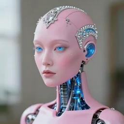 natural light, soft focus portrait of an androgynous android with soft synthetic pink skin, blue bioluminescent plastics, smooth shiny metal, elaborate diamond ornate head piece, piercings, face tattoo, skin textures, by annie liebovotz, paul lehr,
