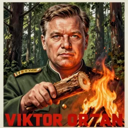 soviet propaganda poster of viktor orban in a forest, highly detailed face, holding a wood piece, making fire