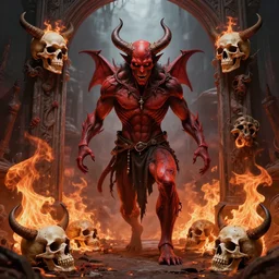 hyper realistic devil on entrance of hell on fire ans skulls, art by greg rutkowski, intricate, ultra detailed, photorealistic, vibrante colors, trending on artstation, octane render, 4 k, 8 k