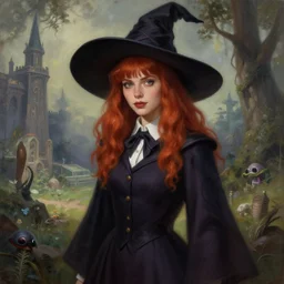 portrait cut adult female witch student, magic university school dress, fantasy landscape, bangs red hair, sharp focus, illustration, highly detailed, digital painting, concept art, matte, art by wlop and artgerm and greg rutkowski and alphonse mucha, masterpiece