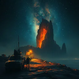 it is lonely at the end of the world, melancholic, vibrant night sky, warm lighting, cinematic, highly detailed, masterpiece by craig mullins, ruan jia, greg rutkowski, norman rockwell, caravaggio