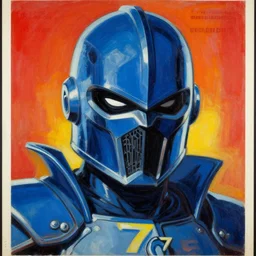 1 9 7 5 retro game poster. indigo knight. stylized intimidating badass helmet expression. character class. drew struzan. keith parkinson. oil on canvas.
