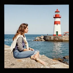 mixed media collage woman sitting at harbour. lighthouse