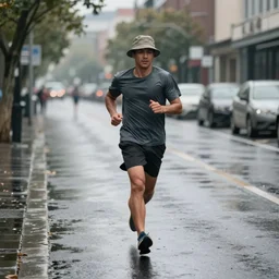 a photograph of a man running down the street wearing a hat on a rainy day on expired kodak film, 3 5 mm, award - winning photograph, striking lighting, perfect composition