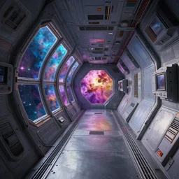 8 k hd detailed octane render of a spaceship corridor with a colorful nebula outside the window