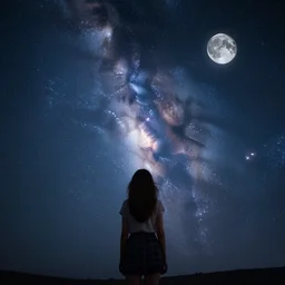 girl, woman, beautiful, starry sky, moon, galaxy, stars, beauty, scenery, milky way, light, night, adorable, photography, cinematic, incredible, trending, award winning, planet, dream, fantastic.
