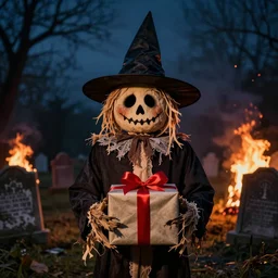 portrait photo still of a spooky scarecrow holding a birthday present, wearing a witches hat, in front of an old cemetery on fire at night, 8 k, 8 5 mm f 1. 8