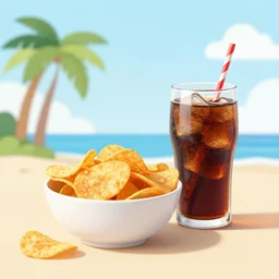 graphic design of a bowl of chips next to a soda on the beach, palm trees in the background