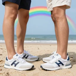 two men on a beach wearing n 9 5 s, with a rainbow in the background, photograph