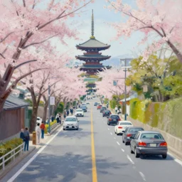 an edward hopper style painting of a busy road in japan, spring