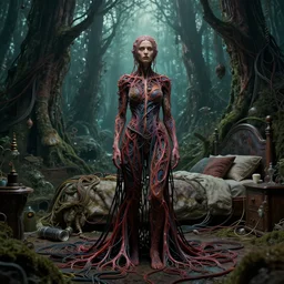 rgb, woman, woods, on an alien planet, movie scene, inspired by zdzislaw beksinski, clothes made out of veins,, cables everywhere, bedroom, ultra realistic, concept art, intricate details, highly detailed, photorealistic, octane render, 8 k