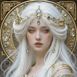 a highly detailed beautiful white haired woman, adorned with precious stones and thin gold tendrils, by jeremy mann and alphonse mucha, 8 k resolution, trending on artstation, very very detailed, masterpiece, stunning, intricate,