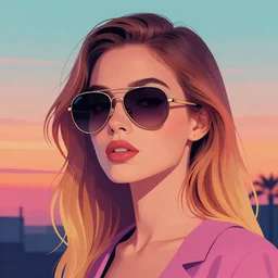 portrait art of an beautiful muted vaporwave ombre stylish retrofuturistic woman wearing oversized aviator sunglasses atmosphere, glow, shaded, full of colour, cinematic lighting, trending on artstation, 4 k, focused, extreme details, vector, by patrick nagel, bold clean lines, sunset tones