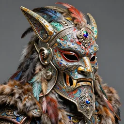 fantasy art ultra 4 k photo of a bizzare metal colorful armor warrior mask made of ceramic fur and feather trim intricately spectacular magnificently story carved by a master engraver by h. r. giger
