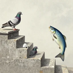 A pigeon transforming to a fish step by step in detailed, MC escher