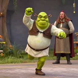 shrek breakdancing while lord farquaad is in the back being impressed, High Definition detail, 8K, photography