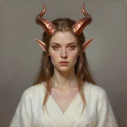 A head-on, symmetrical detailed oil portrait of an elf woman with small horns of copper, copper-colored eyes and wearing a simple white robe, by greg rutkowski, trending on artstation, dungeon and dragons art