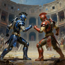 two cybertronic gladiators facing each other in a cyberpunk colosseum, sci - fi, focus on the gladiators, stunning painting by delacroix and ivan aivazovsky