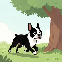 a boston terrier running towards a tree, digital art, graphic novel