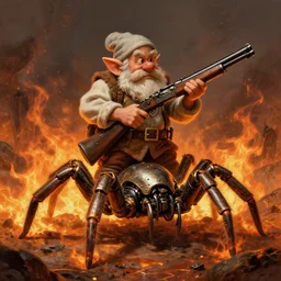 old dwarf with shotgun on mechanical arachnid in flame mountains, steampunk, oil portrait,