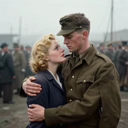 a painting of jeremy mann, a young soldier reunited with a blonde - haired woman, dock port with crowds of people in the background, 1 9 4 0 s fashion, dramatic vignette, dramatic lighting, dreamy, misty, desaturated