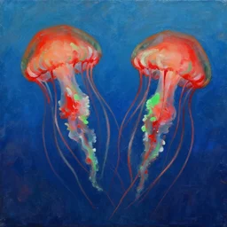 two round jellyfish with red bodies and green tentacles floating in the ocean, acrylic paint, sublime, acrylic painting big brush strokes