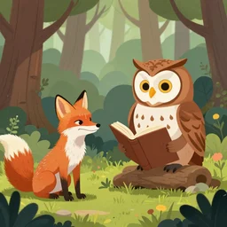 a fox is listening to a wise owl that is reading from a book. in a fairytale forest