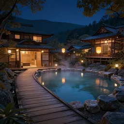 cozy hidden empty onsen with wood boardwalk next to grand japanese pogotas night by greg rutkowski craig mullins ross tran mucha levitating lanterns lumen reflections matte painting fantasy specular lighting trending on artstation