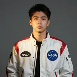 a asian man wearing a white and red nasa jacket. bloom and glare. soft light. dramatic composition, dramatic lighting, studio lighting, sharp focus, 8 k monaris. billy dinh
